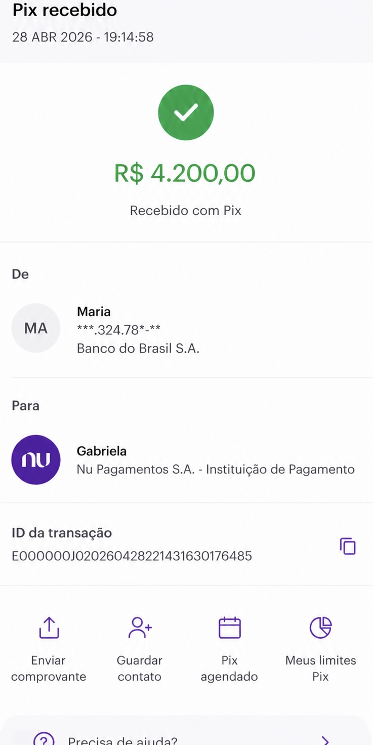 Comprovante de PIX recebido de R$ 4.200,00